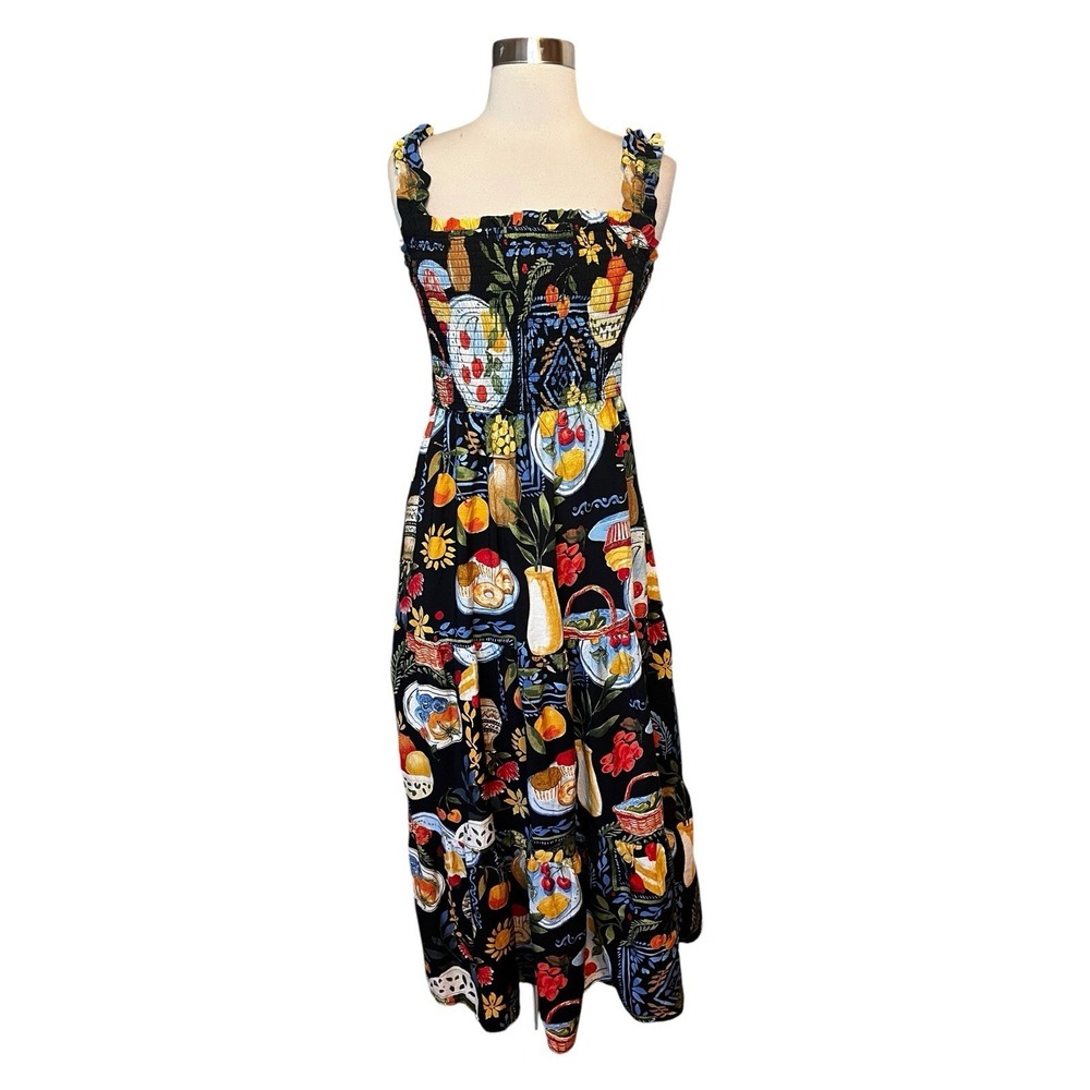 August Sky Tiered Midi Dress M Square-Neck Petite Blue Smocked Printed